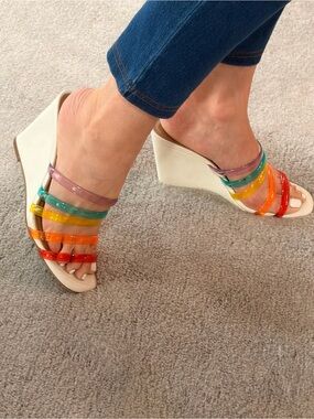 Women’s White Wedge Sandals with Rainbow Straps